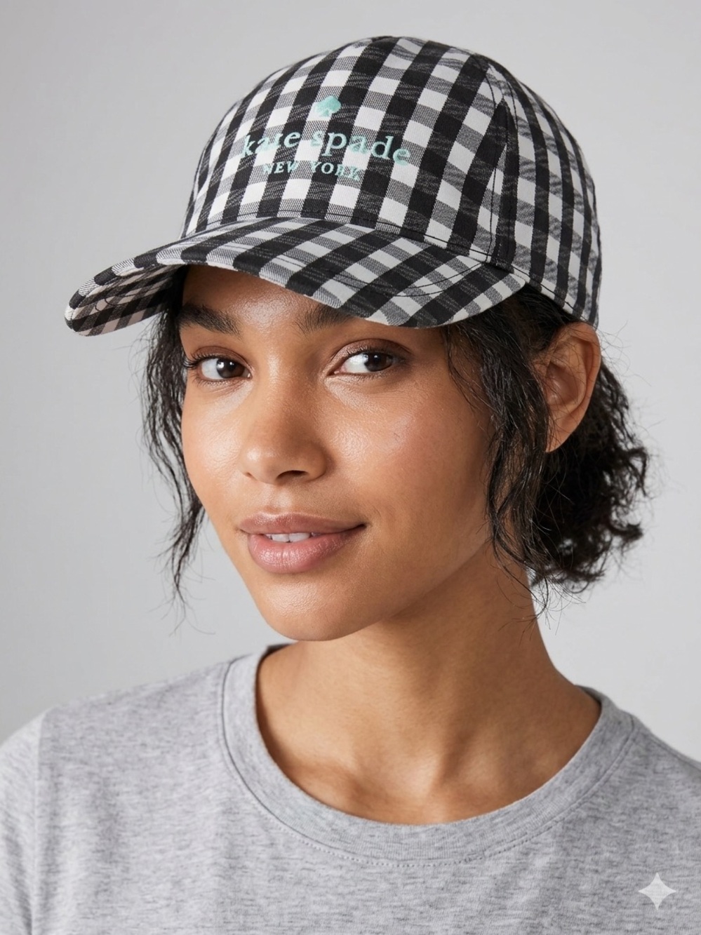 KATE SPADE NY ||  Black & White Gingham Cap with Mint Logo. Sz. OS